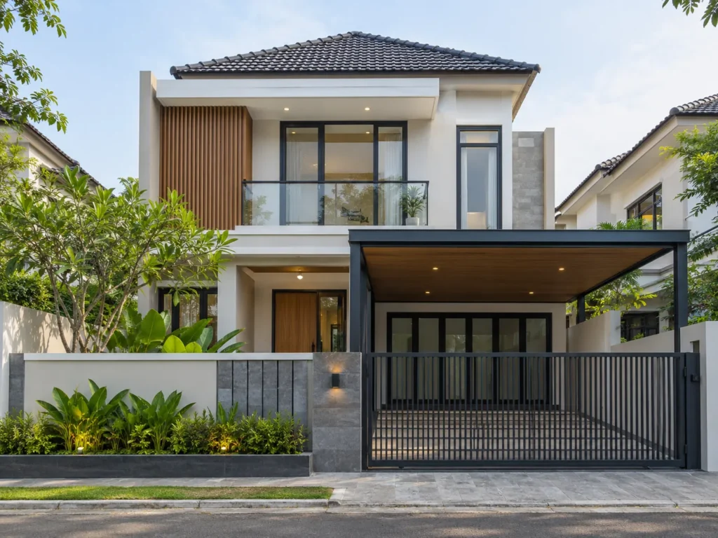 Ilustrasi rumah modern tropis untuk konten Tukangi.id