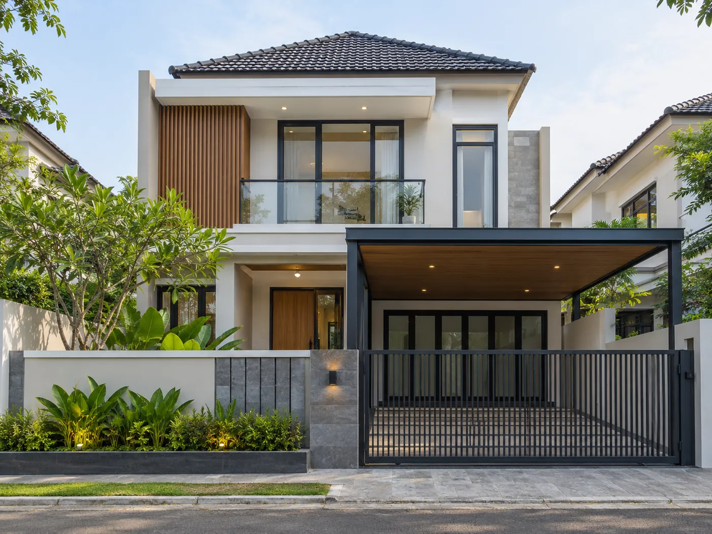 Ilustrasi rumah modern tropis untuk konten Tukangi.id