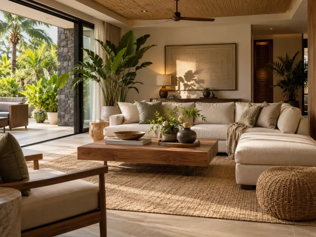 Ilustrasi interior ruang keluarga modern tropis