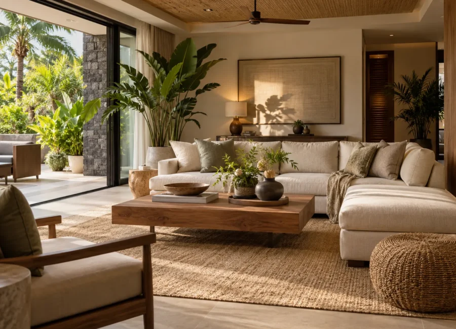 Ilustrasi interior ruang keluarga modern tropis